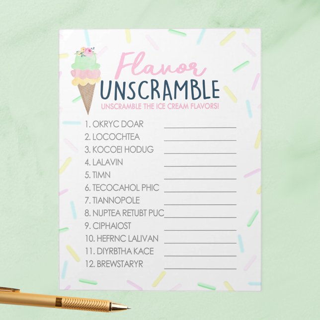 Bloc De Notas Paquete de juego de Fiesta Ice Cream Flavor Unscra (Flavor Unscramble Watercolor Ice Cream Game Pack of 40 Answer Sheets - Perfect for Bridal or Baby)