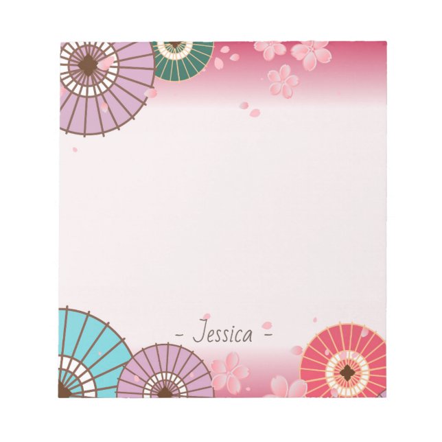 Bloc De Notas Paraguas japoneses y flores de cerezo personalizad (Frente)