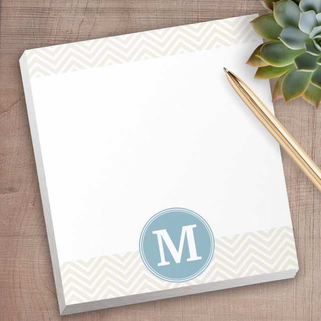 Bloc De Notas Pastel Azul y Linen Chevrons Personalizados Monogr (Personalized notepad - great for a gift or your home office)