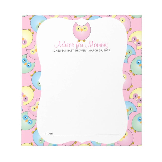 Bloc De Notas Pastel Pink Owl Baby Shower - Consejos (Frente)