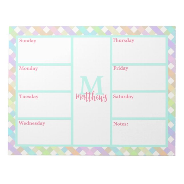 Bloc De Notas Pastel Rainbow Gingham Weekly Planner Notepad (Frente)