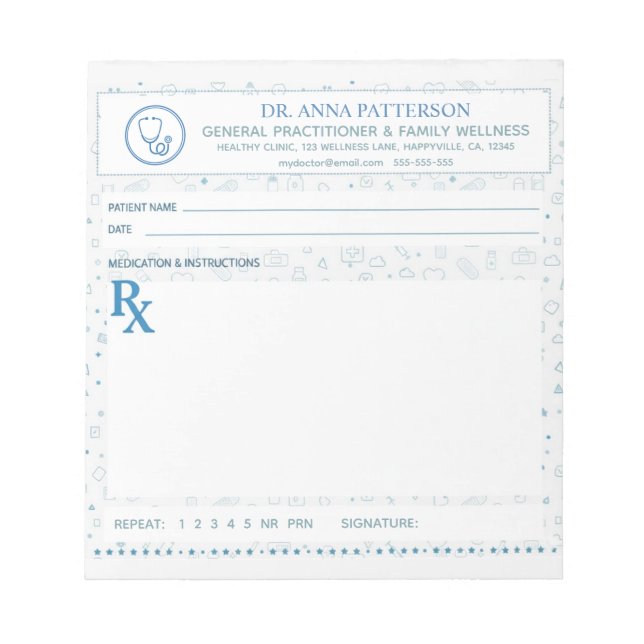 Bloc De Notas Patrón azul Receta médica (Frente)
