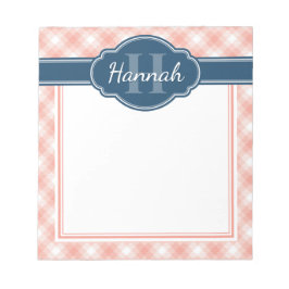 Bloc De Notas Patrón de Cuadros Rosa Blanco con Monograma Azul