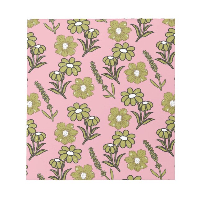 Bloc De Notas Patrón de flor hippie y hondo retro rosa verde Y2K (Frente)