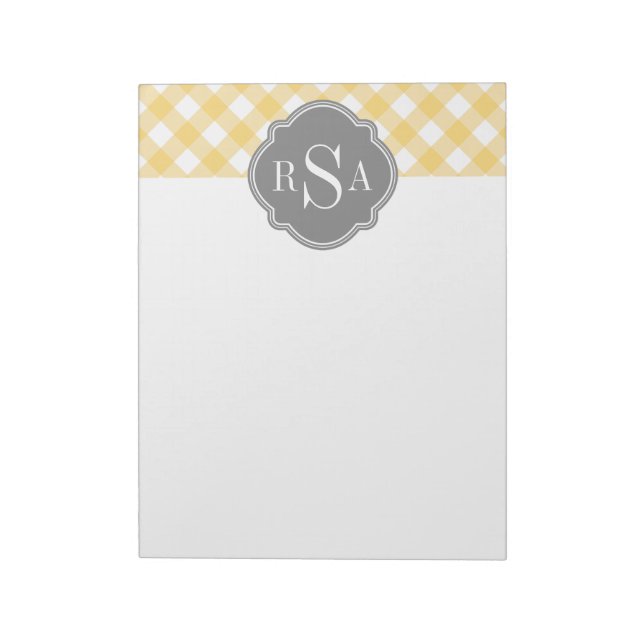 Bloc De Notas Patrón de Gingham amarillo Gris Triple Monograma (Lado Izquierdo)