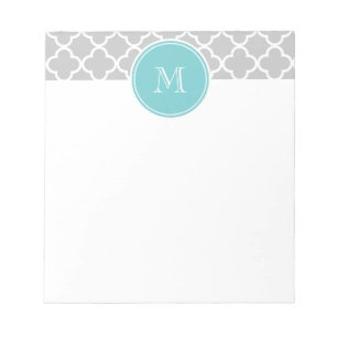 Bloc De Notas Patrón de quatrefoil gris, monograma Verde azulado
