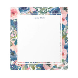 Bloc De Notas Patrón floral azul de la marina rosa de Rubor