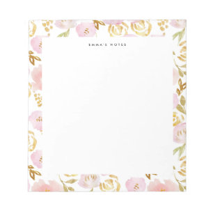 Bloc De Notas Patrón floral rosa y Relieve metalizado dorado per