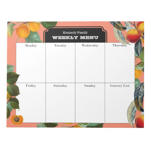 Bloc De Notas Peach Weekly Menu Planner (Frente)