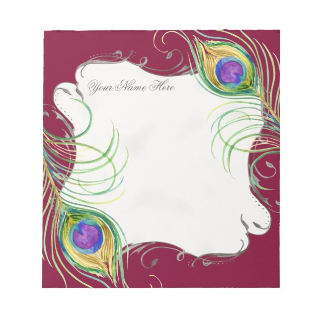 Bloc De Notas Peacock Feather en Swirls Boda Stationery Notes (Frente)