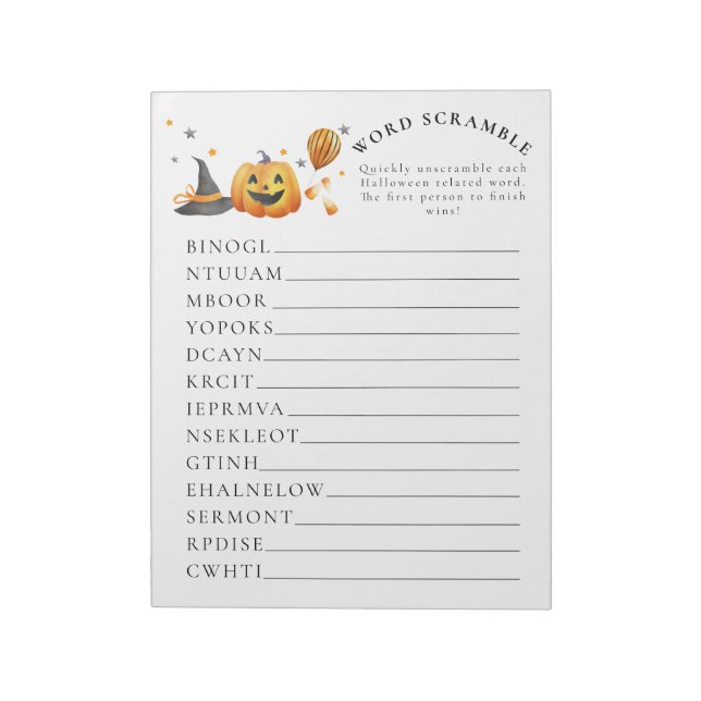 Bloc De Notas Pequeño Boo Halloween Baby Shower Word Scramble (Lado Izquierdo)