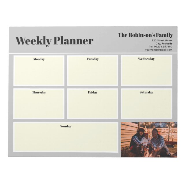 Bloc De Notas Personaliza tu foto semanal planner Plain Gray (Frente)