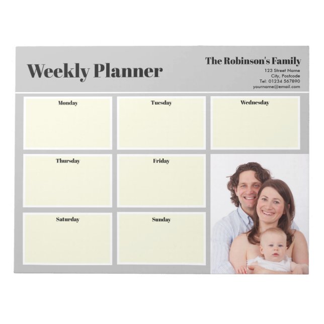 Bloc De Notas Personaliza tu foto semanal planner Plain Gray (Frente)