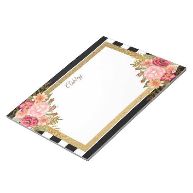 Bloc De Notas Personalizado Black White Stripes Pink Gold Floral (Lado Derecho)
