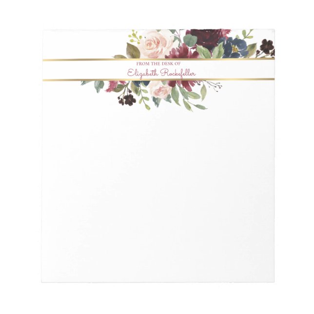 Bloc De Notas Personalizado Burgundy Navy Gold Boho Floral Bouqu (Frente)