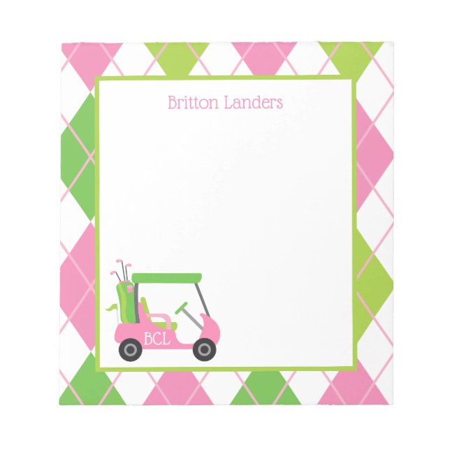 Bloc de notas personalizado de golf rosa y verde (Frente)