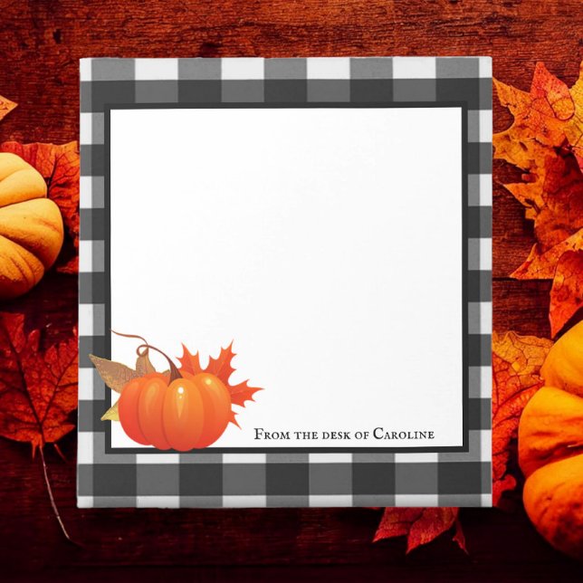 Bloc de notas personalizado de la placa de calabaz (Fall Pumpkin Buffalo Plaid Personalized Notepad)