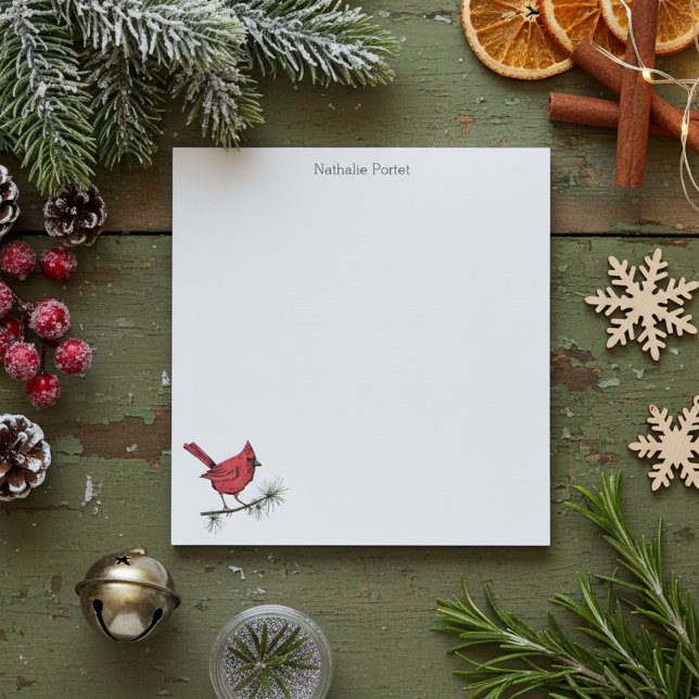 Bloc De Notas Personalizado de pájaro del cardenal rojo del invi (Simple Red Cardinal Bird Illustration Christmas Note Pads. Cute Winter Red Bird Perched on Branch)