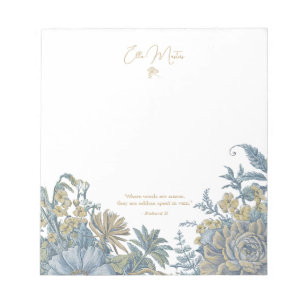 Bloc De Notas Personalizado Floral Elegante Guión Cita Moda Azul