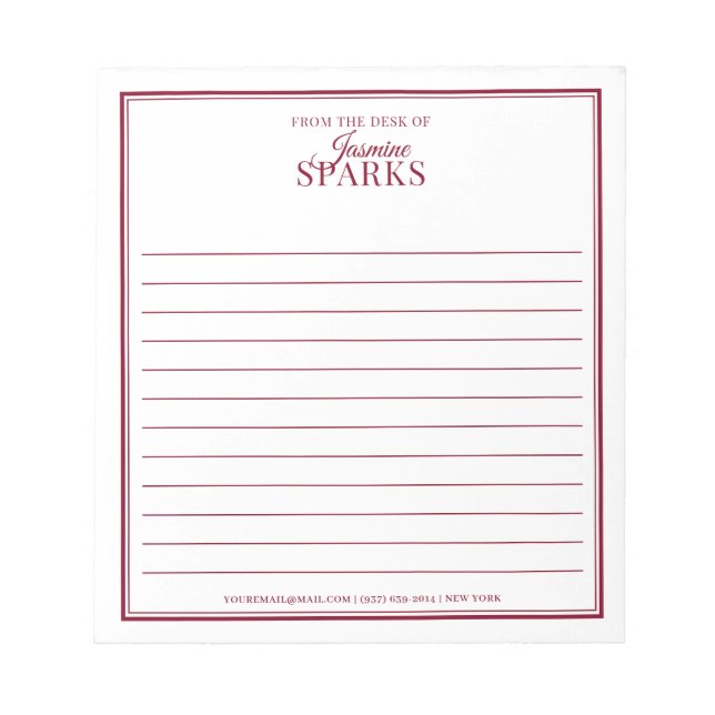 Bloc De Notas Personalizado moderno de la mesa de nombre rojo (Frente)