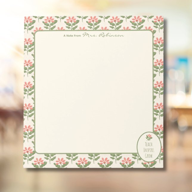 Bloc de notas personalizado para profesora con flo (Personalized Floral Teacher Notepad • Custom Name Stationery • Teach Inspire Grow Gift for Teacher)
