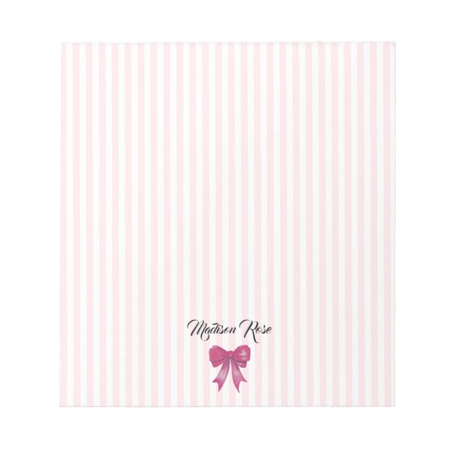 Bloc De Notas Personalizado Rosado Bow Rosa Stripe Preppy (Frente)