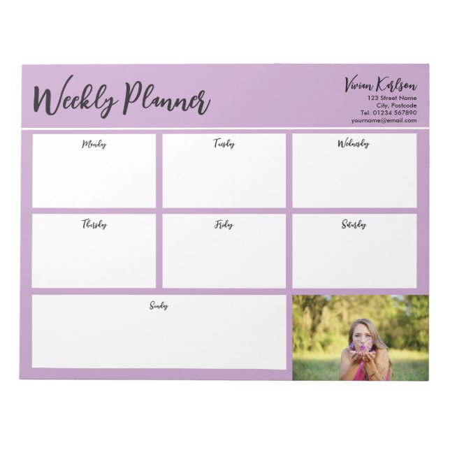 Bloc De Notas Personalizado su foto semanal Planner Lavender (Frente)