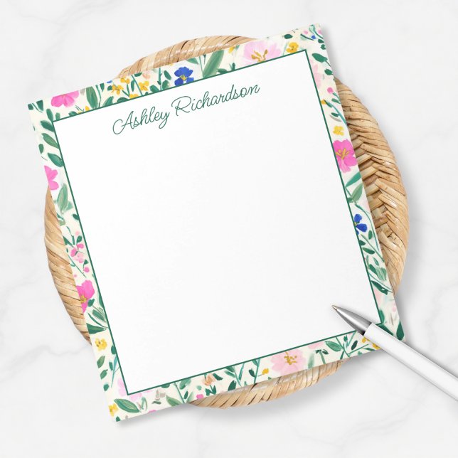 Bloc De Notas Personalized Floral Garden (colorful fun floral garden notepad personalized with custom name monogram in calligraphy script)