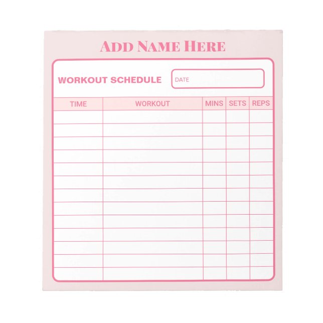 Bloc De Notas Personalized Pink Daily Workout Schedule Notepad (Frente)