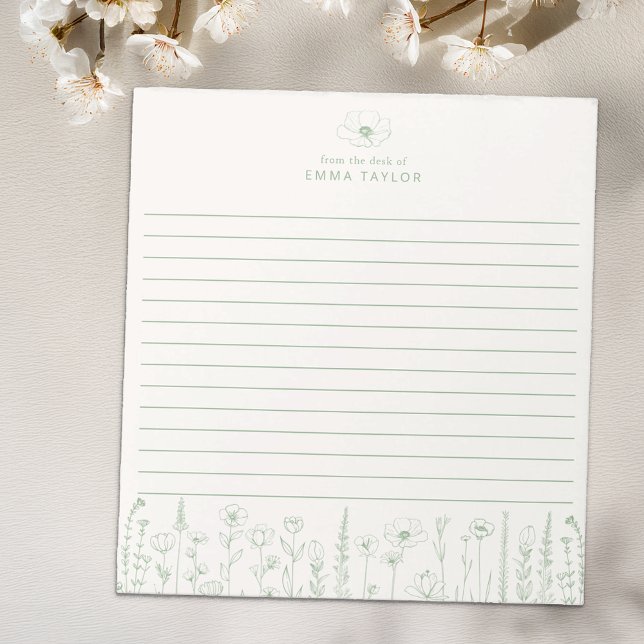 Bloc De Notas Personalized Wildflower Sage Green Desk Notepad (Sage Green Paper Pad)