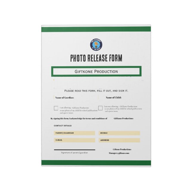 Bloc De Notas Photo Release Form Notepad (Lado Izquierdo)