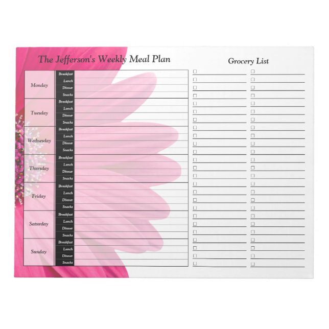 Bloc De Notas Pink Gerber Daisy Planificador de comidas personal (Frente)