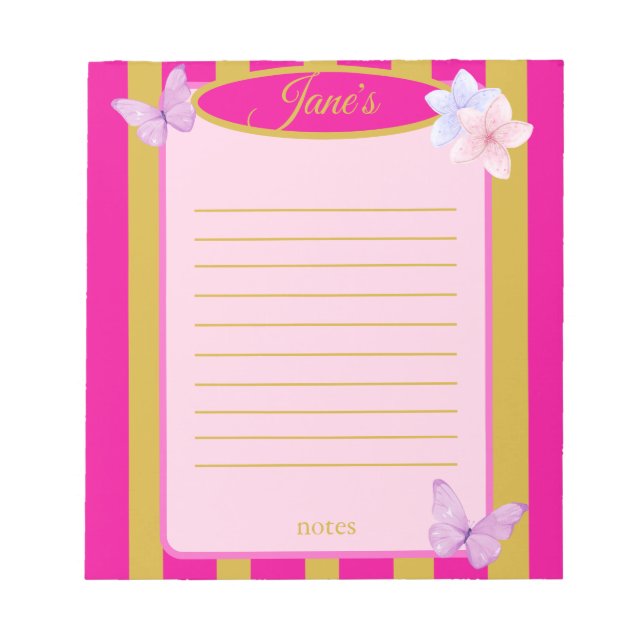 Bloc De Notas Pink & Gold Pinstripes Butterfly Floral  (Frente)
