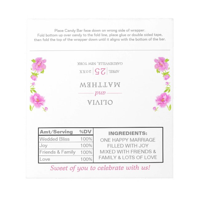 Bloc De Notas Pink Peonies Boda Floral Candy Wraps (Frente)