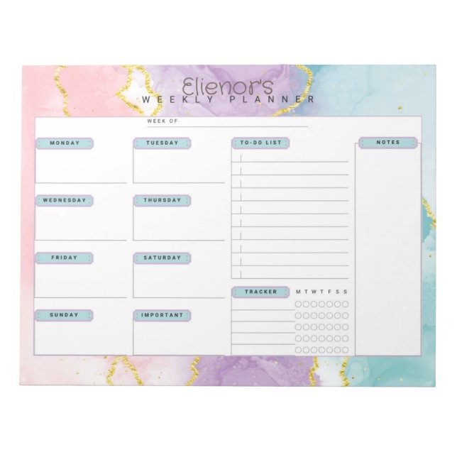 Bloc De Notas Pink Purple Blue Marble Personaliza el Planner Sem (Frente)