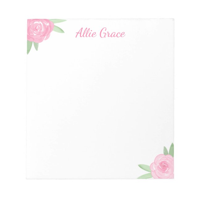 Bloc De Notas Pink Rose Floral Notepad - Personalized Name (Frente)