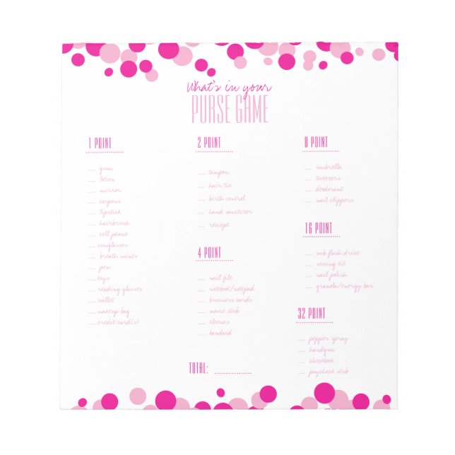 Bloc De Notas Pink What's in Your Purse Bridal Game Notepad (Frente)