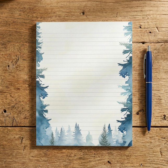 Bloc De Notas Pinos de invierno azules bordeados por noepsia (Blue winter pine trees lined notepad.)