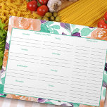 Bloc De Notas Plan de comidas semanales y lista de alimentos par<br><div class="desc">Diseño floral acuático con planner semanal de comidas y lista de compras. rosas y follaje en tonos verde azulados,  púrpura y albaricoque enmarcan cada página. Hay un espacio impreso para que escribas tus comidas todos los días de la semana,  notas adicionales y una lista de compras con dos columnas.</div>