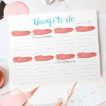 Bloc De Notas Planificador de lista semanal para hacer | Coral y<br><div class="desc">Organiza tu semana con nuestro práctico panel de memo en moda coral y agua! El diseño incluye "Things to Do" (Cosas que hacer) en letras de guiones de pinceles de color agua, con 5 líneas por cada día de la semana, además de una sección de notas adicionales. Rellena la "semana...</div>