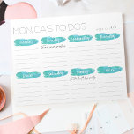 Bloc De Notas Planificador de lista semanal para hacer | Gris y<br><div class="desc">Organiza tu semana con nuestra útil almohadilla de memo en una acuarela gris moda y turquesa turquesa. El único diseño personalizado incluye "[tu nombre] a dos" en letras grises modernas, con 5 líneas por día de la semana, además de una sección de notas adicionales. Rellena la "semana de" en la...</div>