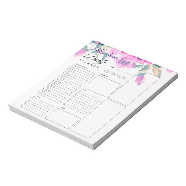 Bloc De Notas planificador diario con flores rosadas personaliza (Lado Izquierdo)