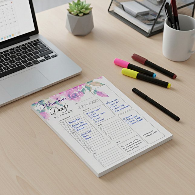 Bloc De Notas planificador diario con flores rosadas personaliza (Subido por el creador)