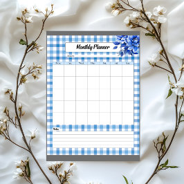 Bloc De Notas Planificador Mensual de Gingham Floral Azul