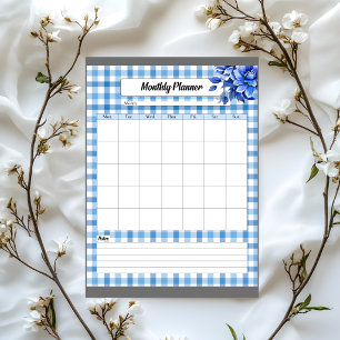 Bloc De Notas Planificador Mensual de Gingham Floral Azul
