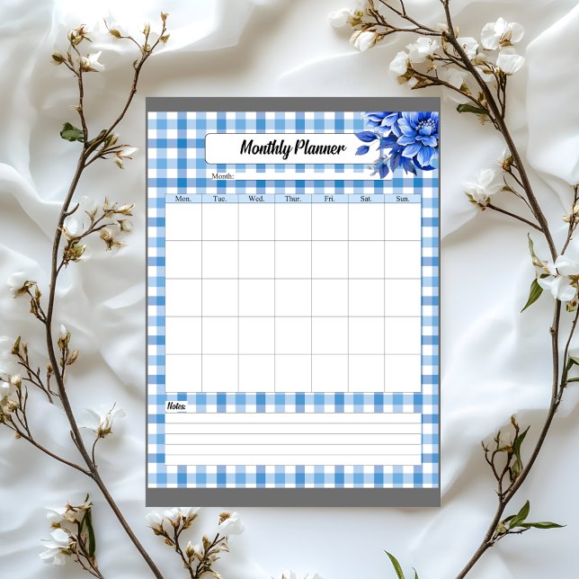 Bloc De Notas Planificador Mensual de Gingham Floral Azul (Subido por el creador)