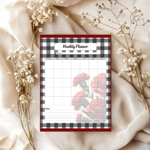 Bloc De Notas Planificador mensual de gingham floral en blanco y