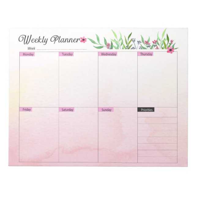 Bloc De Notas Planificador semanal - Estilo floral rosado (Frente)