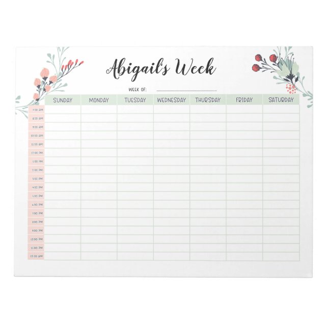 Bloc De Notas Planificador semanal por hora con domingo Inicio 7 (Frente)