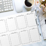 Bloc De Notas Planificador semanal Texto editable simple en blan<br><div class="desc">Esta nueva versión de un vendedor popular tiene texto editable para días de semana y notas. Guión blanco y negro guión de planner semanal de notas 1/4" días alineados de la semana.</div>
